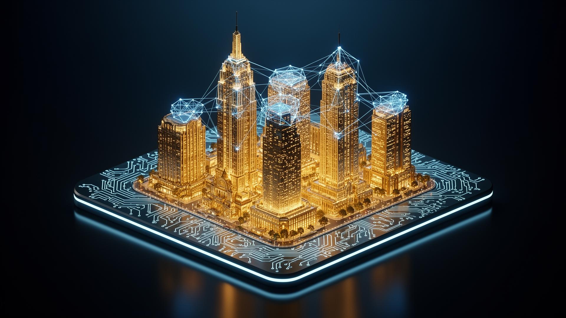 Royal Indian Raj — a stand-alone digital smart city rendered on a glowing circuit-board platform, illustrating the IoT fabric powering every Royal Garden City.